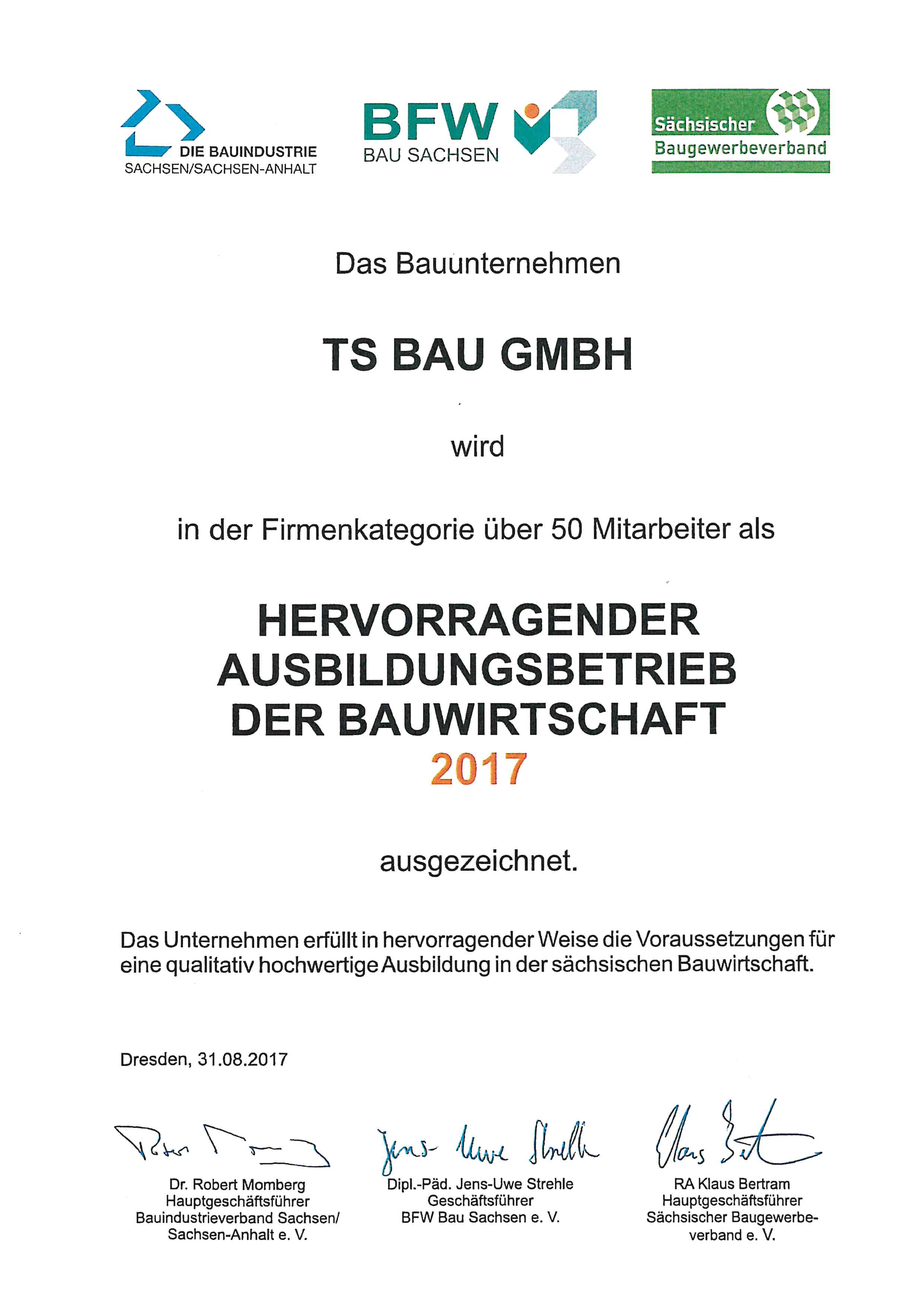 Hervorrangender Ausbildungsbetrieb 2017