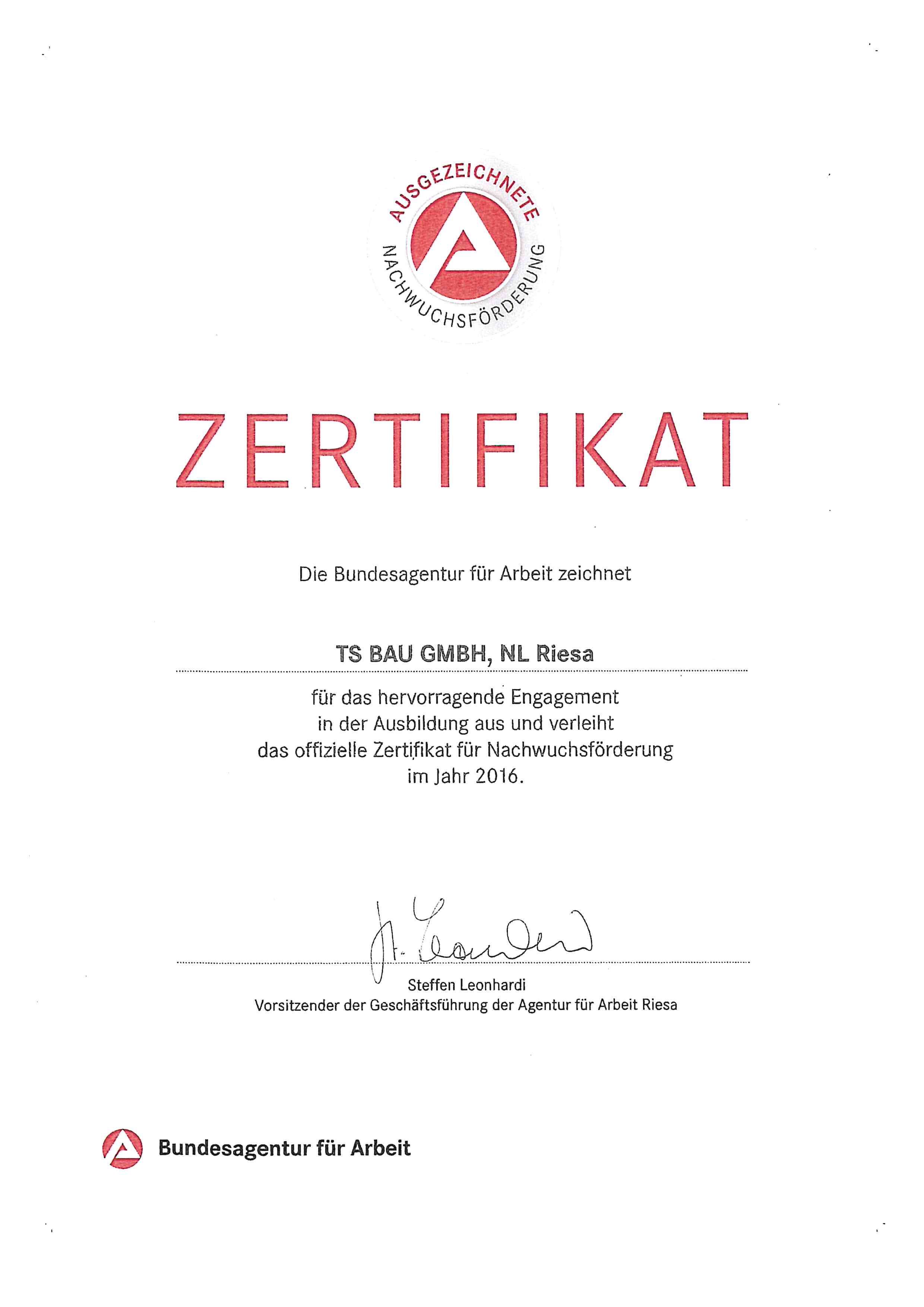 Zertifikat TS BAU 2016